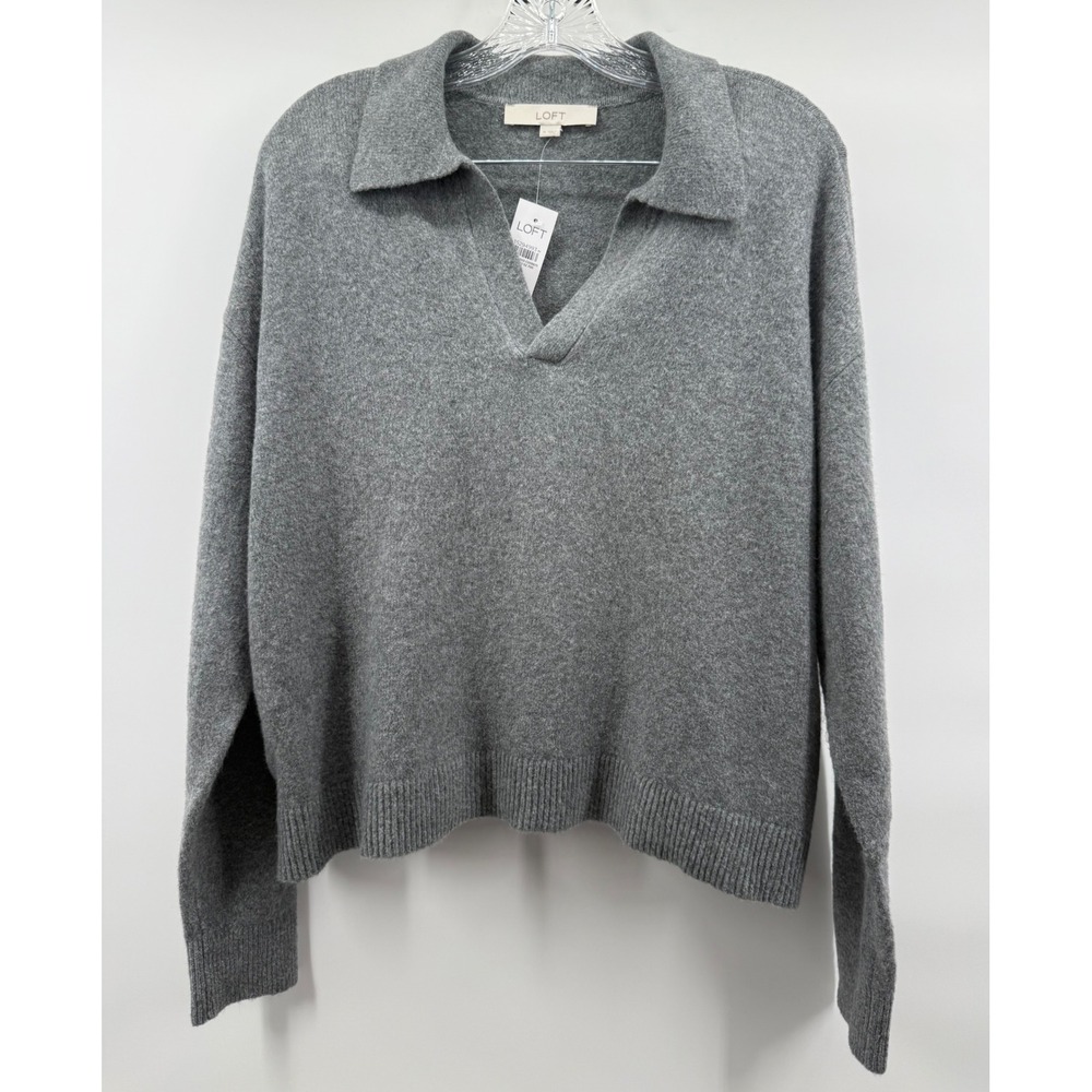 LOFT Womens Gray V-Neck Polo Collar Long Sleeve Knit Sweater Size M NWT Cozy